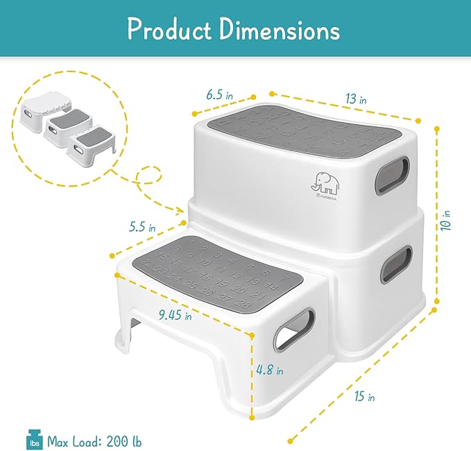 Forbena Toddler Step Stool for Bathroom Sink, 2 Step Stool for Kids Toilet Potty Training, Non-Slip Toddlers Baby Child Kid Plastic Poop Stools with Handle for Kitchen Counter Bed (White-Grey)