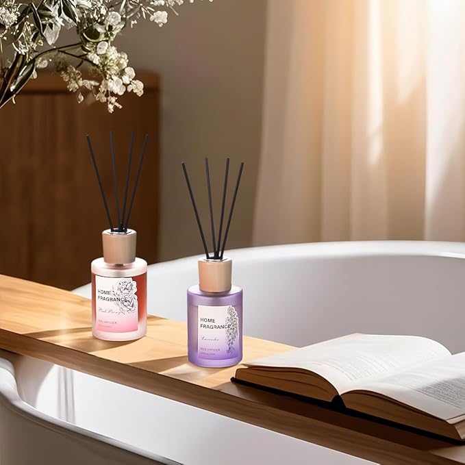 Reed Diffuser - Lavender&Pink Peony 4.06oz (120ml) 2 Packs Essential Oil Reed Diffuser Set with 16 Sticks, Long Lasting Fragrance for Home, Bathroom, Bedroom, Room, Decor