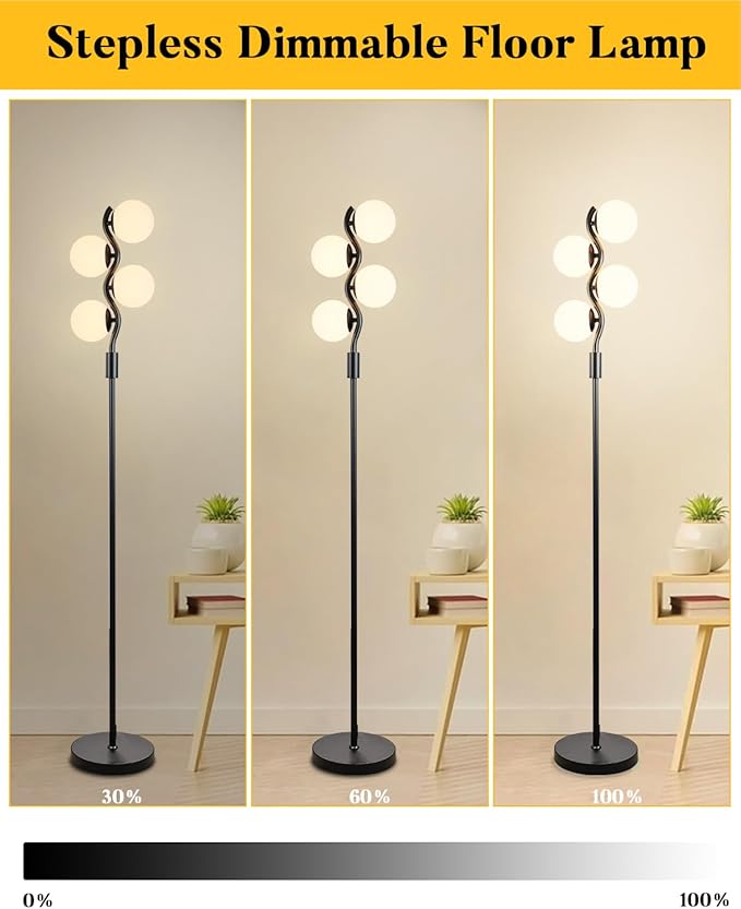 60IN Dimmable (Brightness Adjustable) Black Floor Lamp, Modern Standing Lamps with 4 Globe Soft Warm White 3000K Bulbs, Mid Century Floor Lamp for Living Room Bedroom Home Decor