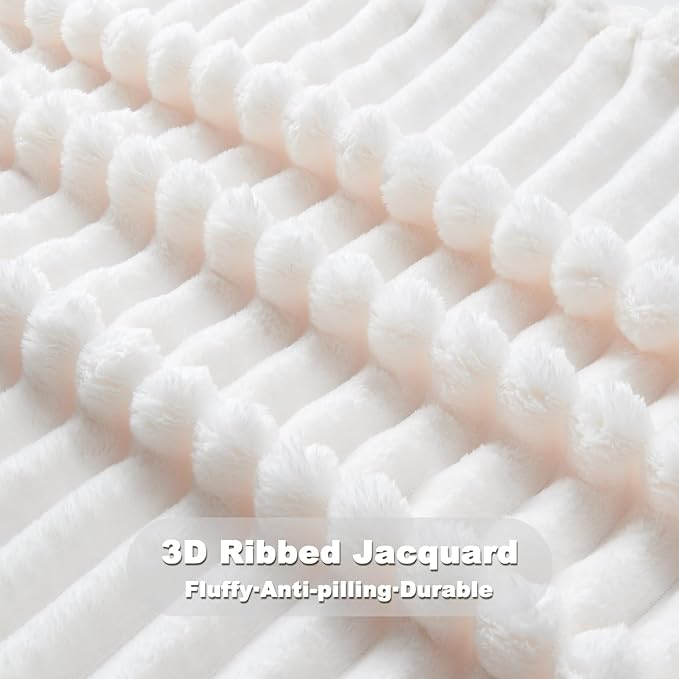 NEWCOSPLAY Super Soft Queen Blanket Ivory Premium Silky Flannel Fleece 3D Ribbed Jacquard Lightweight Bed Blanket All Season Use (Ivory Ribbed, Queen(90"x90"))