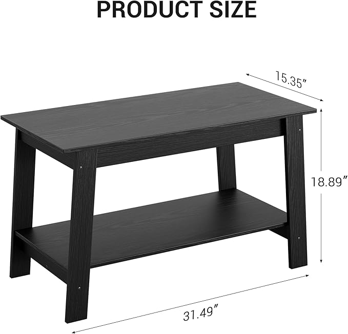 2-Tie Coffee Table, Rustic Wood Living Room Tables with Open Rectangular Storage Compartment, Coffee Tables for Living Room, Outdoors, Home Office, Bedroom, Black