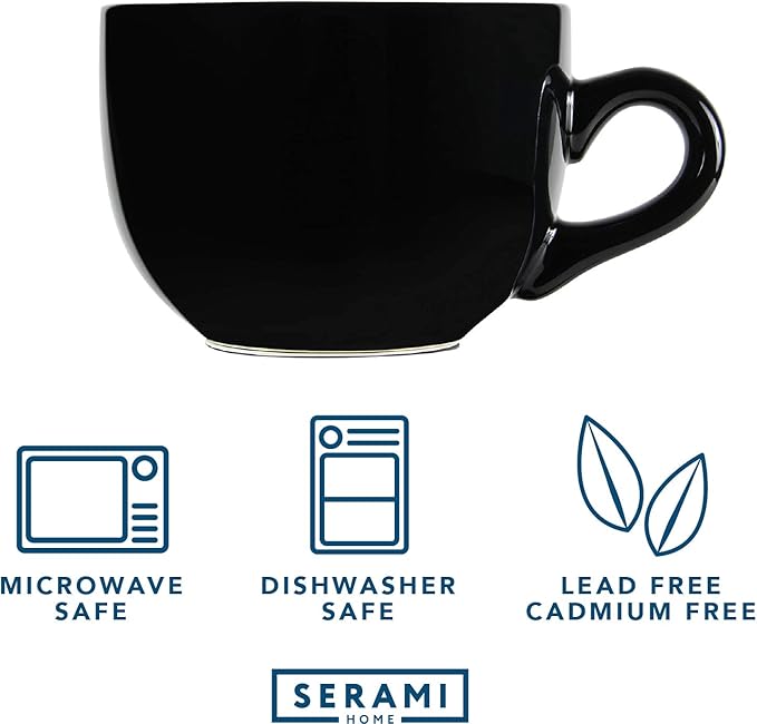 Serami Oversized Ceramic Coffee Mug with Handle - Large 22 oz Cup, Perfect for Latte, Cappuccino, Soup, Cereal - Ideal for Everyday Use - Ceramic Bowl Set, Large Coffee Mug Set (Black 4 Pack)