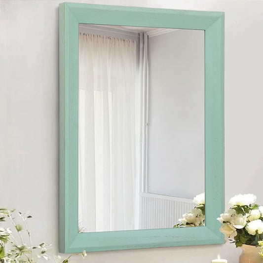 AAZZKANG Wood Framed Mirror Rectangle Modern Farmhouse Wall Mirrors Decor for Bedroom Living Room Bathroom Dressing Room Small Green