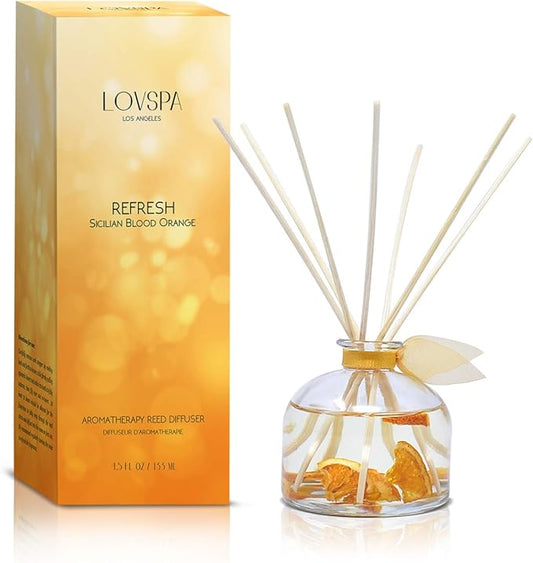 LOVSPA Refresh Sicilian Blood Orange Citrus Essential Oil Reed Diffuser Set with Real Orange Pieces! Aromatherapy Fragrance Room Air Freshener