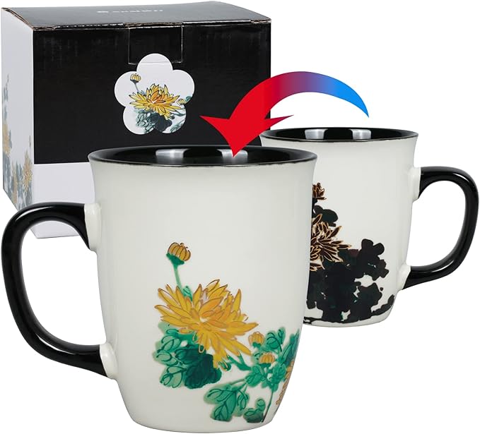Funny Ceramic Magic Heat Color Changing Art Coffee Tea Mug Gold Chrysanthemum Printing Porcelain Mugs for Women Personalized White Green Tea Cup 16 oz Large coffee Mugs for Mom Girl Grandma