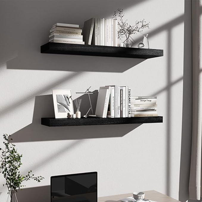 Habudda Floating Shelves, 35.5 Inches Wall Shelf for Rustic Home Decor, Bathroom, Bedroom, Kitchen, Natural Solid Wood, Invisible Bracket, 2 Pack