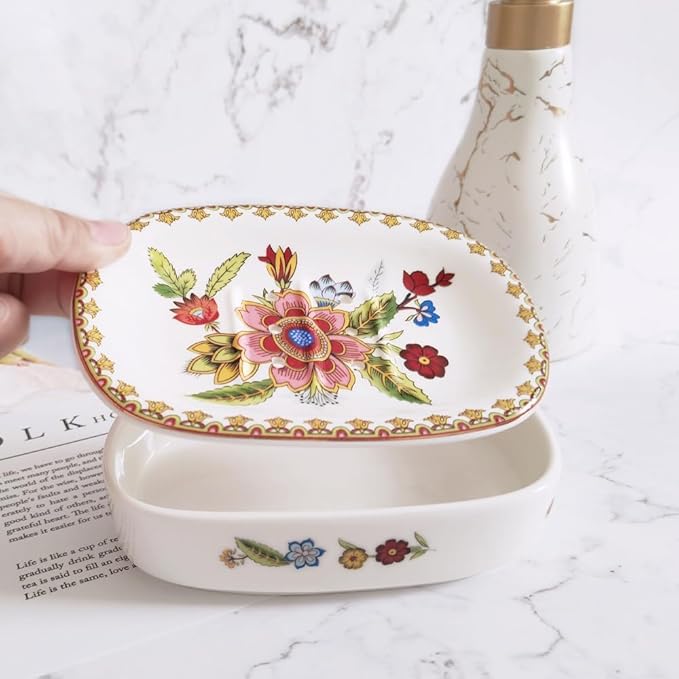 Self Draining Soap Dish, Double-Layer Bar Soap Tray, White Ceramic Soap Dish with Elegant Patterns (Style E)