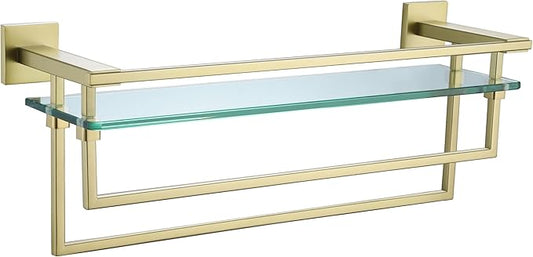 Bathroom Glass Shelf with Towel Bars 20-Inch Floating Tempered Glass Shelves with 2 Towel Rails Brushed Gold Cologne Shelf for Men Shower Bath Storage Glass Rack Wall Mount Heavy Duty，A7617BG