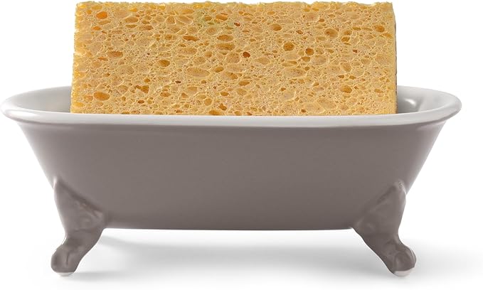 6.5" Ceramic Mini Decorative Clawfoot Bathtub Bar Soap Dish, Kitchen Sponge Holder and Shower Tray for Bathroom, 1 Pack(Taupe)