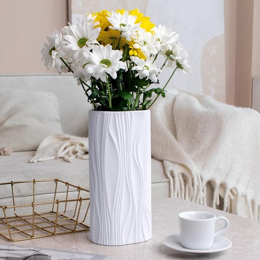 Cute White Flower Vases for Bouquet - Easter Vase - Large Ceramic Vase for Pampas Grass - Home Decor Aesthetic - Jarrones Grandes para Sala Elegantes (White)
