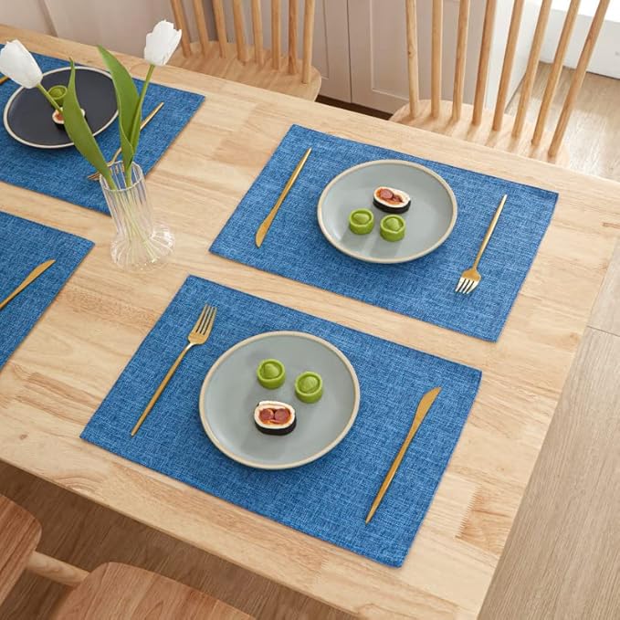 Weabetfu Cloth Placemats Set of 6 Heat Resistant Dining Table Placemmats Cotton Linen Machine Washable Kitchen Table Mats Wrinkle Free Thick Fabric Place Mats,Easy to Clean,13" x 19" Blue