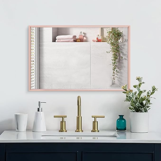 AAZZKANG Framed Mirror Rectangular Wall Mirror 28"x20" with Metal Frame for Bathroom Bedroom Living Room Entryway Decorative Mirror Home Decor Pink