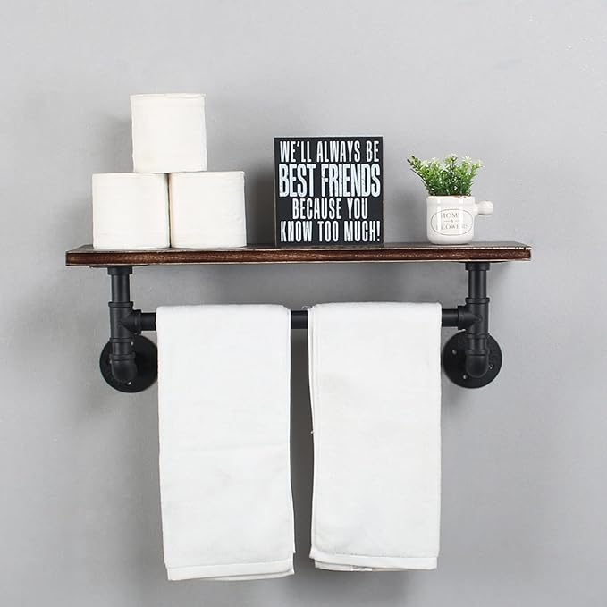 Industrial Pipe Shelving - Iron Bathroom Shelf With Towel Bar, 24in Rustic Metal Floating Wall Shelf, 1 Tier Retro Black