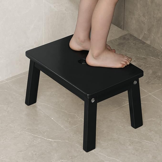 HOUCHICS Black Wooden Step Stool for Kids,Wood Stool for Kitchen Bedroom Living Room Bathroom Toilet Nursery Toddlers Potty Training Stool with Non-Slip Pads and 220lb Load Capacity (White