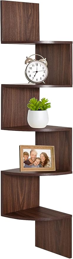 Greenco Corner Shelf, 5 Tier Floating Shelves for Wall, Easy-to-Assemble Wall Mount Corner Shelves for Bedrooms and Living Rooms, Rustic Walnut Finish