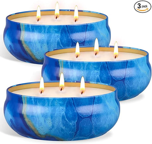 OFUN Large Citronella Candles Outdoor Decorative 55oz, Soy Wax Lemongrass Candle Set 3 Wick, Scented Jar Candle Bulk Up to 240hrs, 3 Pack Summer Camping Candles for Patio Garden Balcony