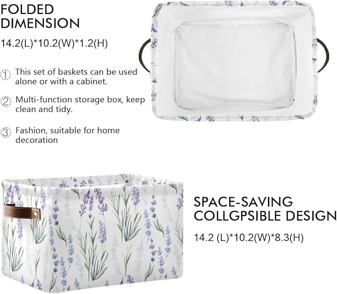Lavender Flowers Storage Basket Fabric Storage Bin Laundry Baskets, Leaves Green Purple Foldable Storage Boxes Organizer Bag for Baby Cloth Dog Toy Book Storage Cubes Shelf Closet Basket 16×12×8