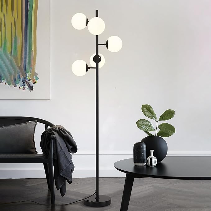 KCO Lighting Contemporary Standing Light 5-Light Frosted White Glass Globe Floor Lamp Modern Black Corner Tall Pole Lamp with Foot Switch for Home Office (Black)