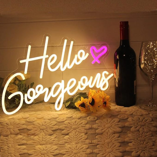 DAKABUKA Hello Gorgeous Neon Sign Hello Beautiful Warm White LED Neon Lights for Home Wedding Birthday Backdrop Bacelorette Party Wth Dimmable Switch(5V,16.5X10.6inches)