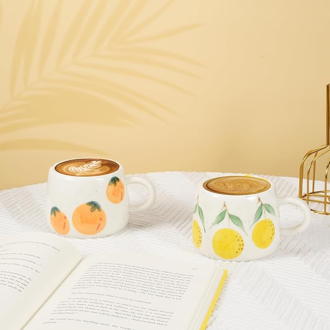 Koythin Ceramic Coffee Mug, Cute Fruits Creative Mugs Design, Printed Flowers Cup for Office and Home, 10 oz/300 ml for Latte Tea Milk (Orange)