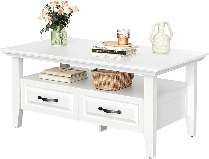Marsail Farmhouse Coffee Table with Storage, 39.4" Wood Coffee Table for Living Room, Rustic Center Table with 2 Drawers, Open Display Area, White