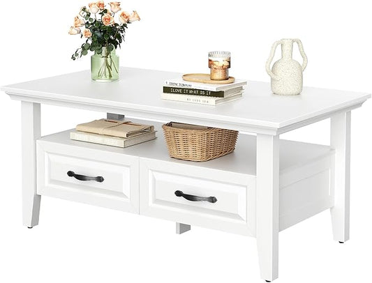 Marsail Farmhouse Coffee Table with Storage, 39.4" Wood Coffee Table for Living Room, Rustic Center Table with 2 Drawers, Open Display Area, White