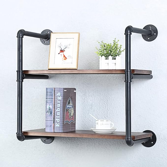 Industrial Pipe Shelving Wall Mounted,24in Rustic Metal Floating Shelves,Steampunk Real Wood Book Shelves,Wall Shelf Unit Bookshelf Hanging Wall Shelves,Farmhouse Kitchen Bar Shelving(2 Tier)