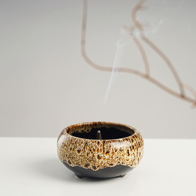 Incense Burner with Calabash Incense Stick Holder - Porcelain Charcoal Censer for Use with Resin Granular Powder Cone or Coil Incense (New Fambe Gray)