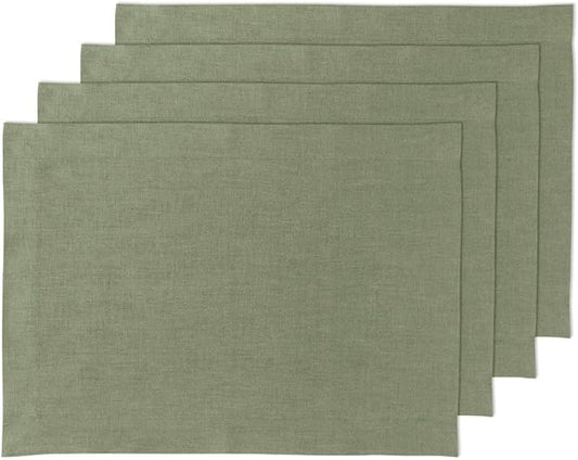 Solino Home Linen Cloth Placemats Set of 4-100% Pure Linen Oil Green Placemats 14 x 19 Inch for Summer - Fete