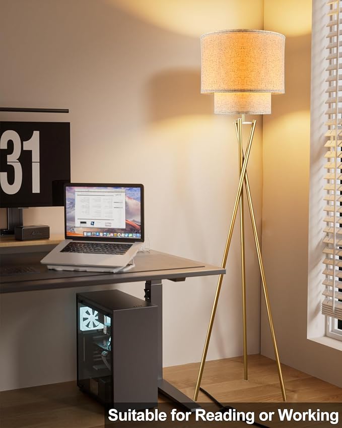 Lightdot Glod Tripod Floor Lamp, Modern Floor Lamps for Living Room, Standing Lamp with Double Linen Shade, E26 Bulb Included, 67.7" Tall Floor Lamp for Bedroom, Home Office