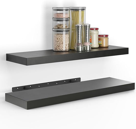 BATODA Set of 2 24" Acacia Floating Shelves Wall Mounted for Bathroom – Rustic Farmhouse Wooden Wall Storage Shelf Bedroom, Kitchen, Home Décor - Brackets and Shelving Mounting (Black, 24 Inch)