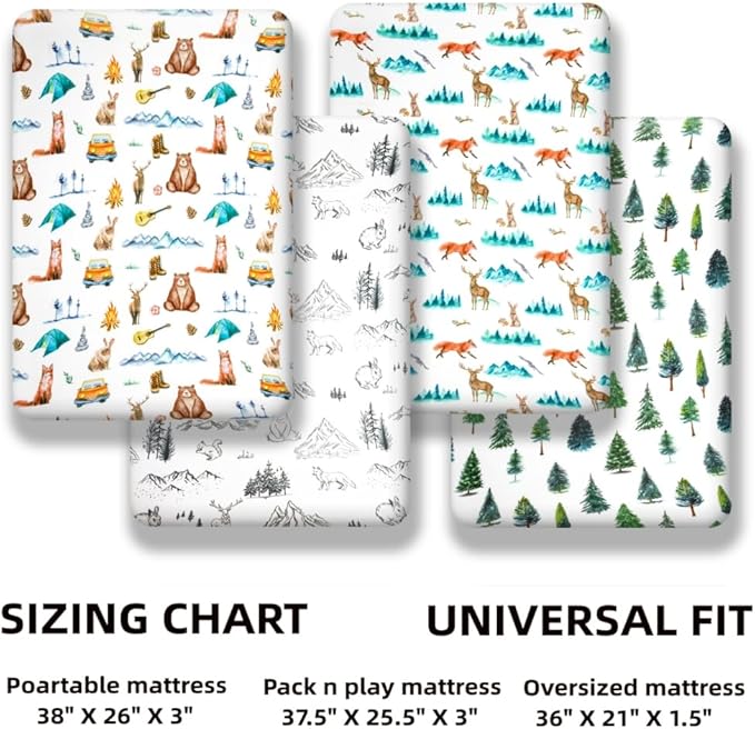 4 Pack N Play Sheets Woodland Forest Animals Wood Neutral Unisex Fitted Baby N Play Sheets Fitted for Standard Pack and Plays and Mini Cribs Set for Baby Boys or Girls