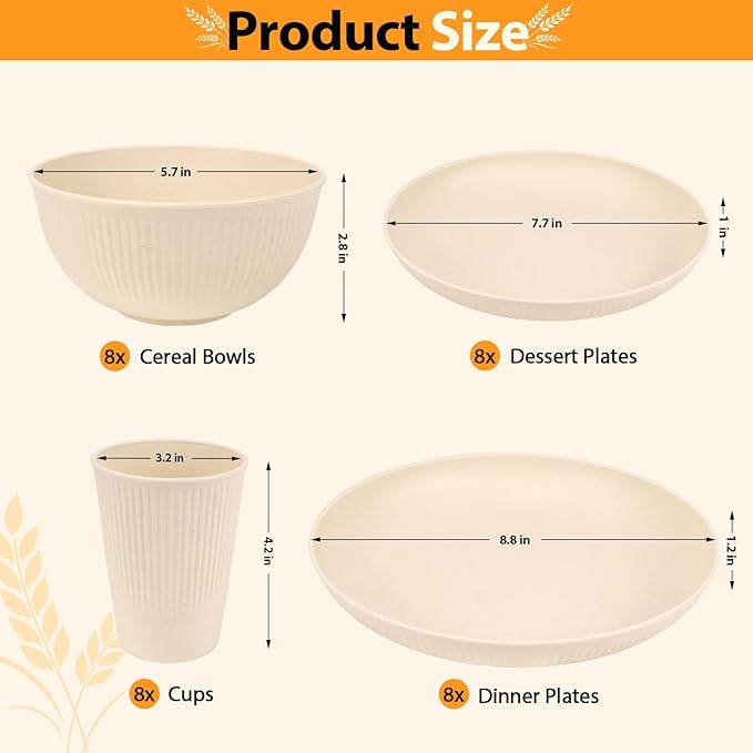 Lzerking Wheat Straw Dinnerware Sets for 8, 32-Piece Plates and Bowls Sets for Kitchen, Reusable Unbreakable Dinnerware Set for Camping, RV, Picnic