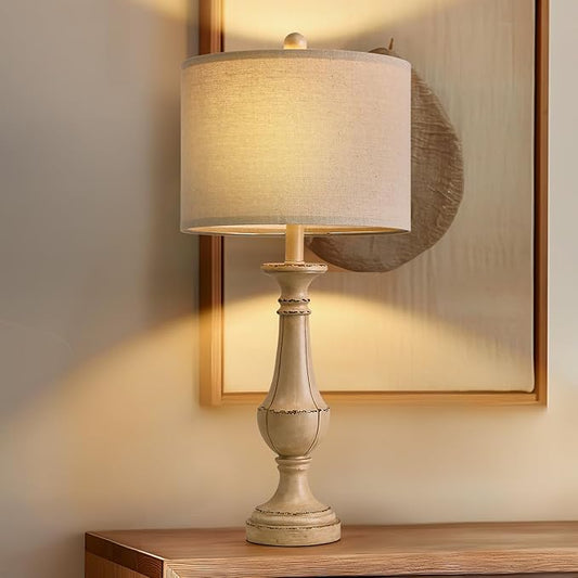PoKat 27.5" Farmhouse Table Lamp for Living Room, Mid Century Tall Table Lamp for Bedroom, Bedside Lamps for Night Stands, Wood Bedroom Lamp for End Table, Traditional Lamp, Distressed Washed White