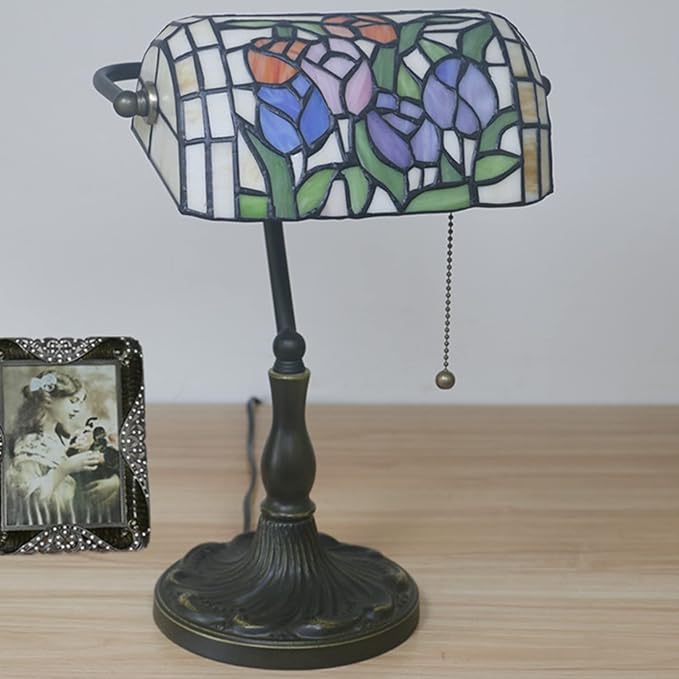 Tiffany Style Bankers Table Lamp Stained Glass Piano Desk Lamp Vintage Bedroom Bedside Lamp for Study,Antique Alloy Base,Zipper Switch,Tulip