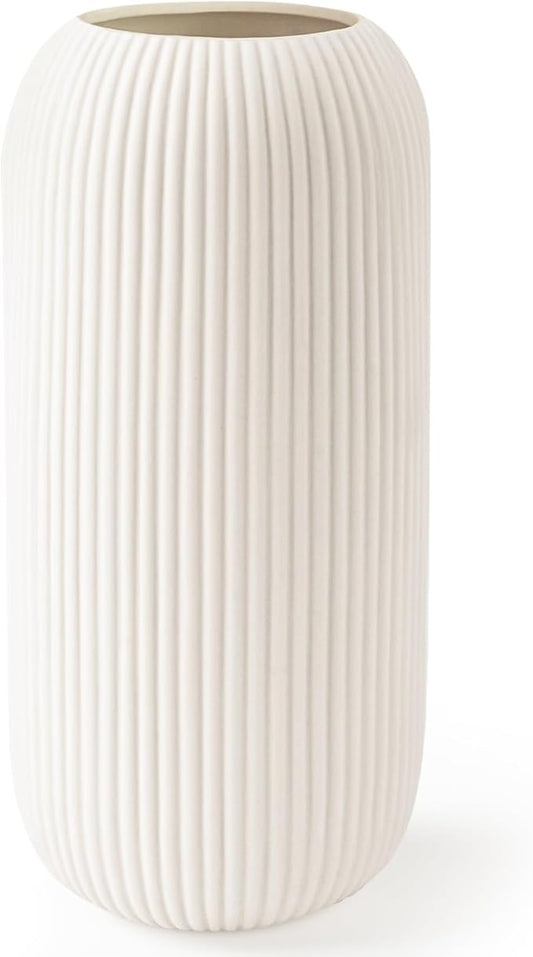 White Ceramic Vase for Flowers, 8 INCH Modern Small Ribbed Textured White Flower Vase for Home Decor, Pampas Grass, Decorative, Farmhouse, Coffee Table, Bookshelf and Home Living