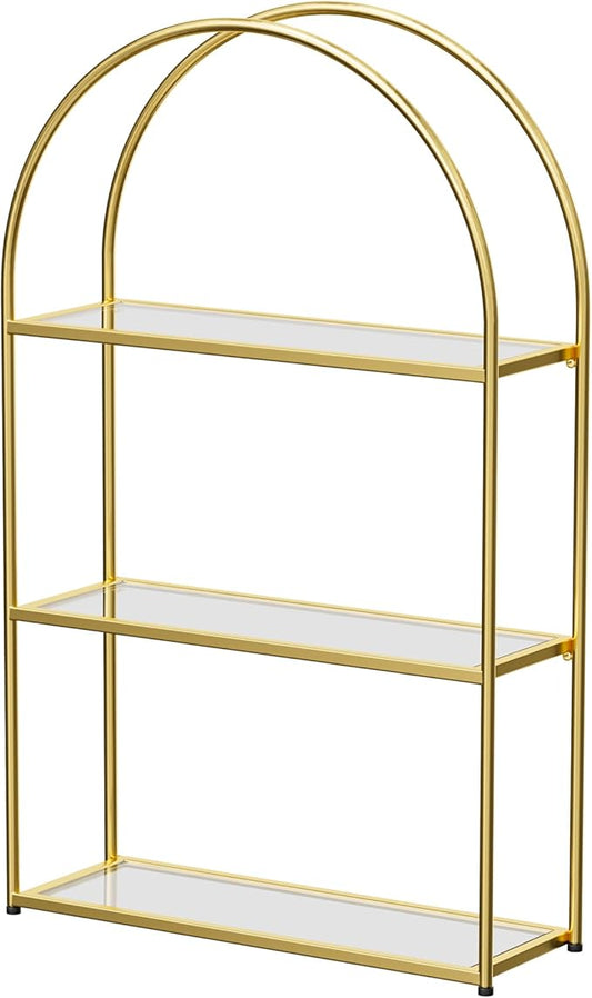 Crofy Gold Arched Frame Wall Shelf, Decorative 3 Tier Bathroom Wall Shelf with Transparent Tempered Glass Shelves and Robust Storage Capacity, 6" D x 17.9" W x 28.57" H