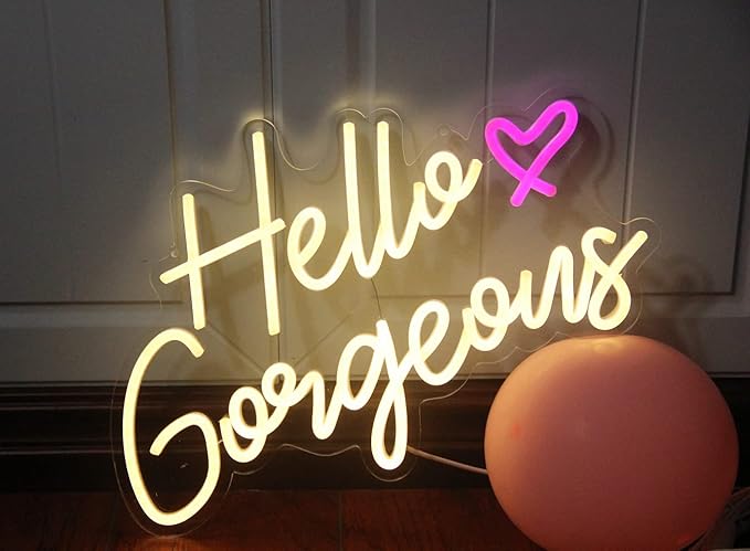 DAKABUKA Hello Gorgeous Neon Sign Hello Beautiful Warm White LED Neon Lights for Home Wedding Birthday Backdrop Bacelorette Party Wth Dimmable Switch(5V,16.5X10.6inches)