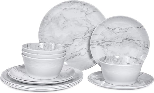 12-Piece Melamine Dinnerware Sets, Modern White Round Dish Set for 4 - Serving Plates and Bowls Sets for Snack, Dessert, Salad, Soup, Pasta - White Marble Pattern