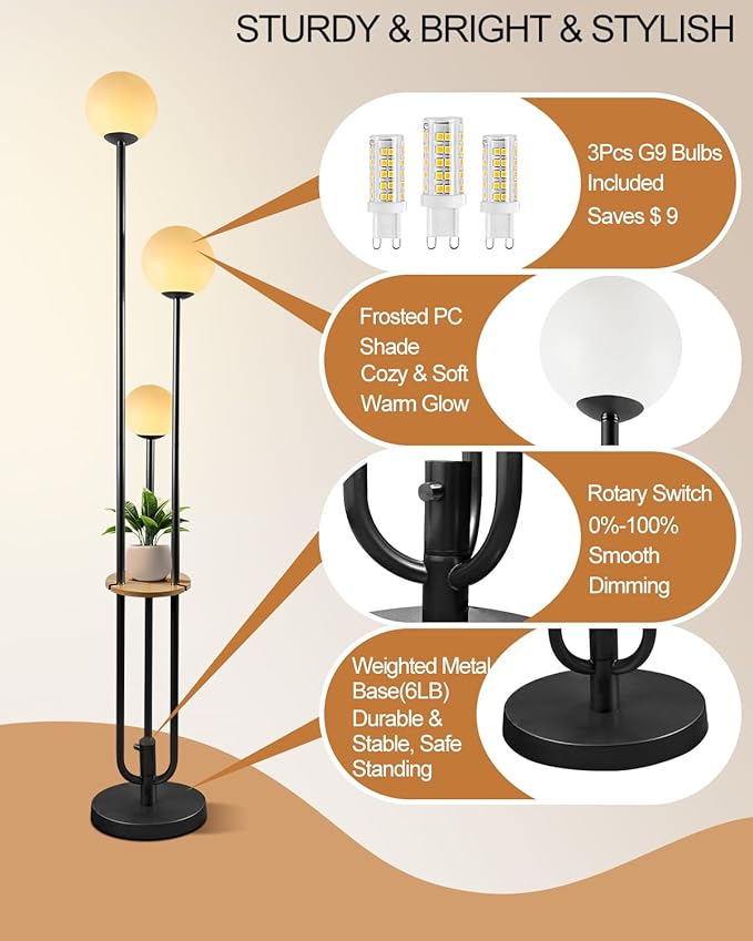 63IN Dimmable Floor Lamp with Shelf, Unique Globe Black Tall Standing Lamps with 3 Poles, 3000K Warmwhite Mid Century Modern Floor Lamp for Living Room Home Office(Bulbs Included)