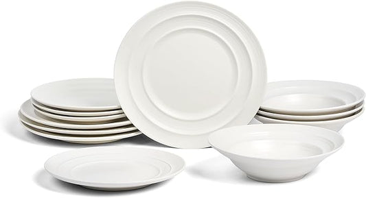 Earth & Clay Celeste 24-Piece Dinnerware, Stoneware, Plates and Bowls Set, Includes Dinner and Salad Plates, Cereal Bowls, Dishwasher and Microwave Safe, Dish Set for 8, Ivory White