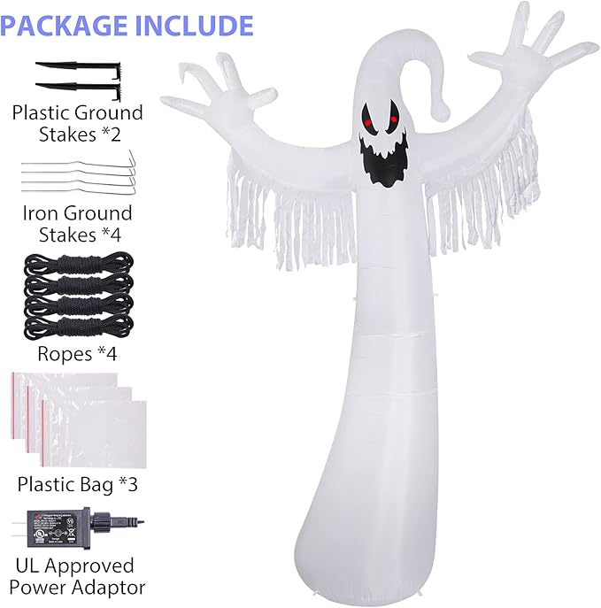Sizonjoy 12 FT Halloween Decoration Inflatable Ghost, Blow Up Animated Red Eyes Ghost with Build-in LEDs, Outdoor Scary Inflatable Decoration for Front Yard, Porch