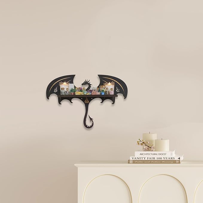 Gothic Evil Dragon Decor Crystal Display Shelf for Wall, Wooden Witchy Shelf Rock Display Case Knick Knack Organizer Trinket Holder, Wall Hanging Shelves for Essential Oil & Nail Polish