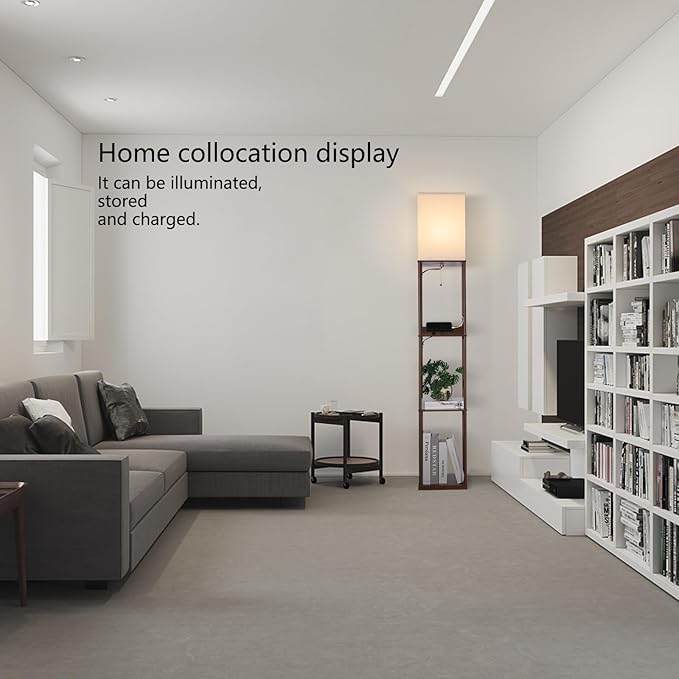 Floor Lamp with Shelves, with 2 USB Ports and Power Outlet Modern Square Standing Lamp with 3 Color Temperature Bulb, Corner Display Bookshelf Lamp for Living Room, Bedroom and Office (brown-9DY)