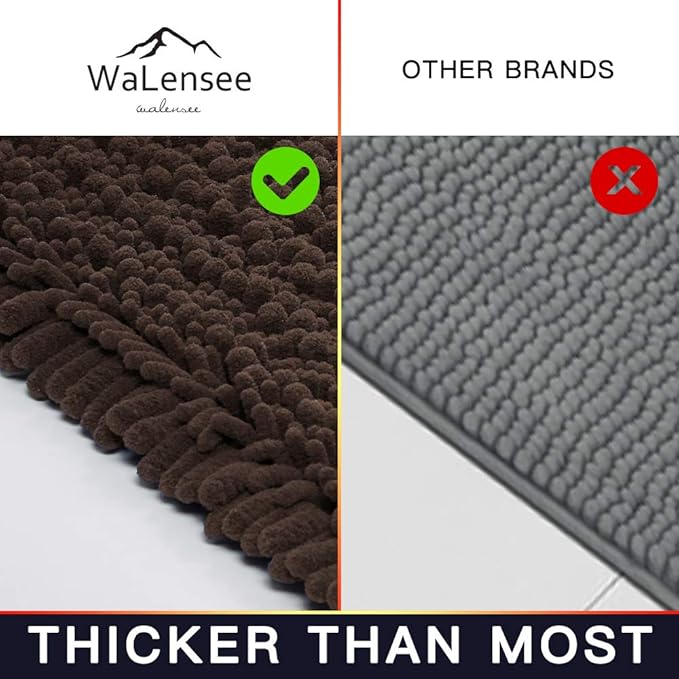 Walensee Large Bathroom Rug Non Slip Bath Mat (24x60 Inch Brown) Water Absorbent Super Soft Shaggy Chenille Machine Washable Dry Extra Thick Perfect Absorbant Best Plush Carpet for Shower Floor