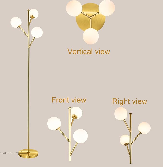 3-Globe Mid Century Tree Floor Lamp and Bulbs Included,70in Tall Standing Glod Floor Lamp with Frosted Glass Shade for Living Room Office Bedroom, Study Room, Hotel, Antique Brass Lighting