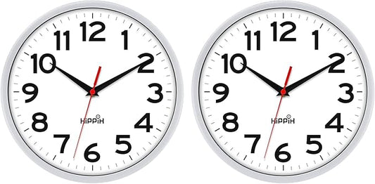 HIPPIH Wall Clock 2 Pack, 10 Inch Modern Wall Clocks Battery Operated, Non Ticking Silent Clock, Simple Small Analog Clocks for Living Room, Bedroom, School, Office Decor, Silver