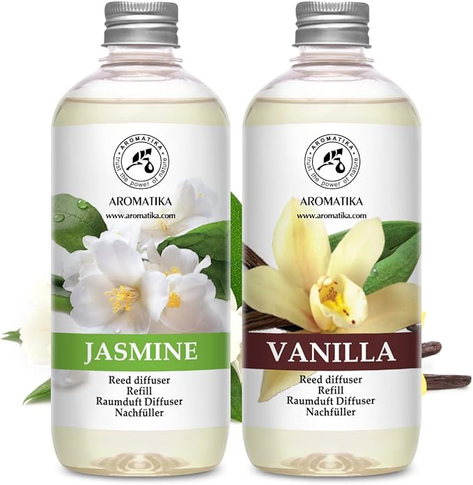Reed Diffuser Refill Set Vanille & Jasmine with Jasmine Essential Oil 34 Fl Oz - 2 x 500ml - Fragrance Oil Reed Diffuser Refill - Room Freshener - Floral Fragrance