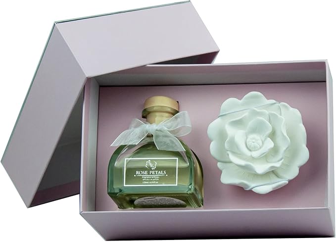 Reed Diffuser Set, Pretty Valley Home Diffuser Gypsum Flower Oil Rose Petals 120Ml / 4.05fl OZ Gift Box for Bathroom Office Bathroom Living Room Decor (Rose Petals)