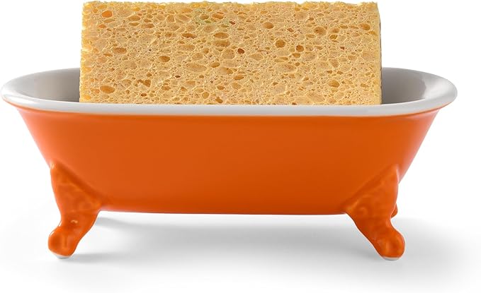 6.5" Ceramic Mini Decorative Clawfoot Bathtub Bar Soap Dish, Kitchen Sponge Holder and Shower Tray for Bathroom, 1 Pack(Tangerine)